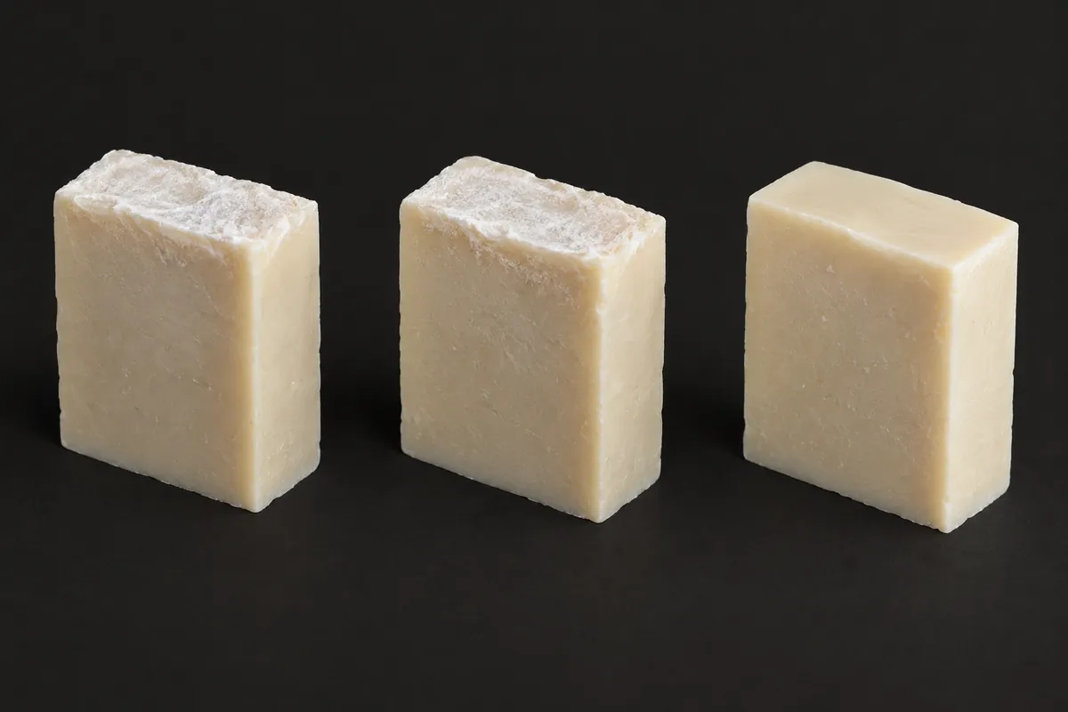 Three cut bars of pale handmade soap on a charcoal backdrop, two with a dull white powdery film across their tops and one steamed clean