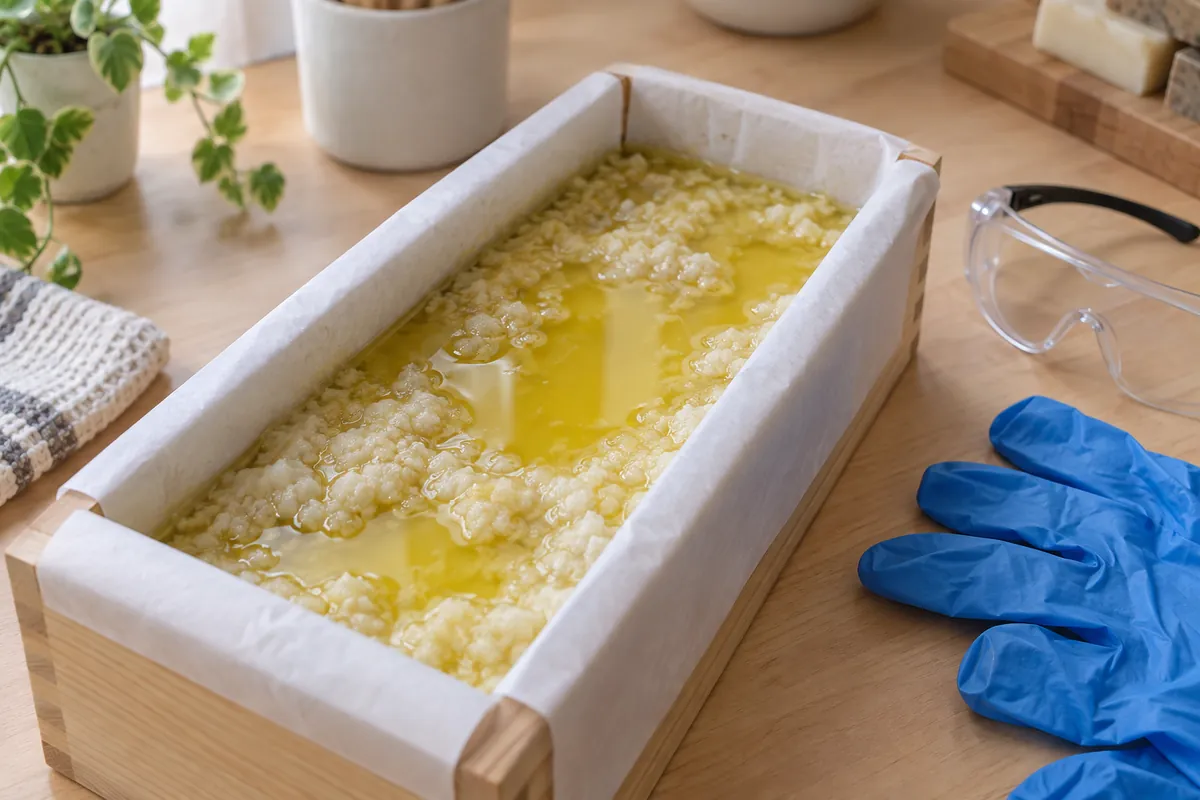 A loaf mould of soap batter with yellow oil pooled across the surface over a grainy, curdled base, beside nitrile gloves and goggles