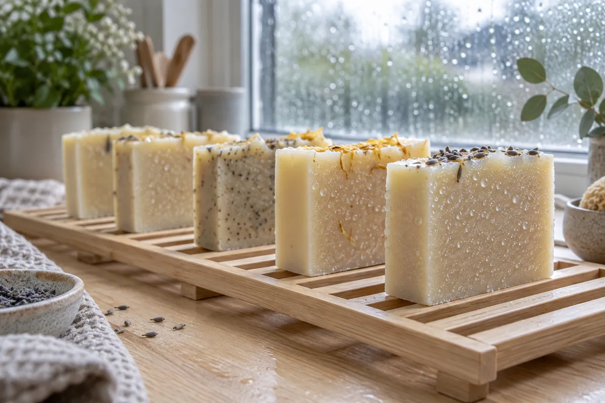 Cured bars of pale soap on a wooden rack, their faces covered in tiny beads of moisture