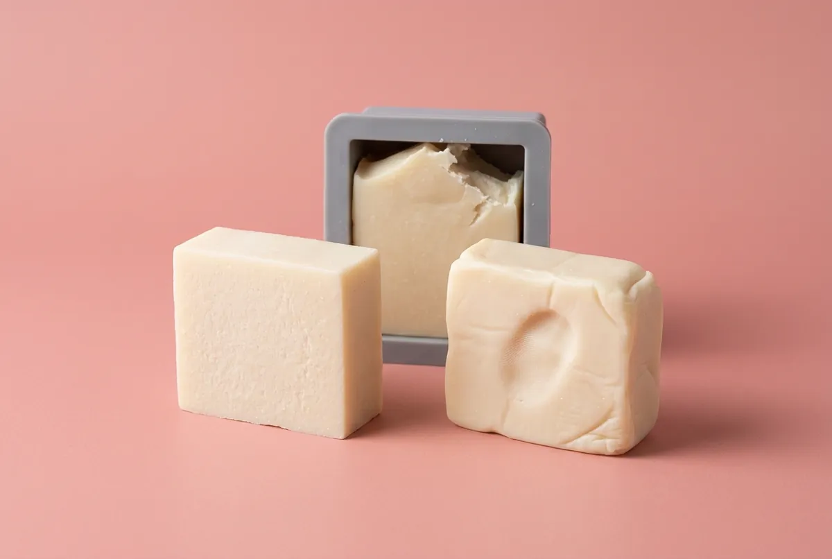 Two cut bars of pale soap on a pink backdrop, one crisp and firm, one slumped with a fingertip dent, and a soft bar stuck in a silicone mould