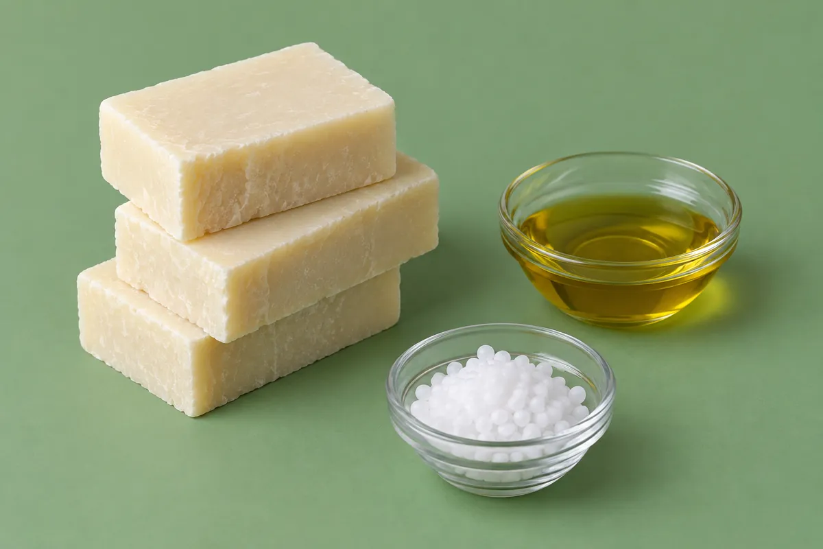 Drie gesneden stukken lichte handgemaakte zeep naast een glazen schaaltje goudkleurige olijfolie en een schaaltje witte natriumhydroxidebolletjes tegen een saliegroene achtergrond
