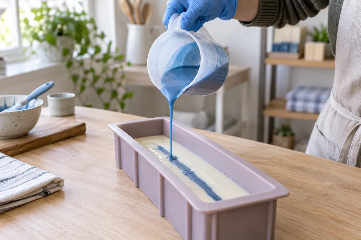 A gloved hand holding a jug high above a lined loaf mould, a thin stream of blue soap batter falling into white batter already in the mould