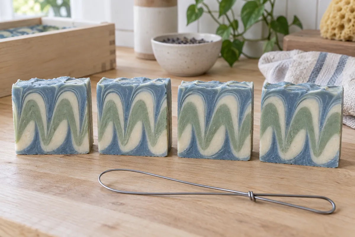 Four cut bars of cold-process soap lying face up, each showing blue, green and white bands pulled into a row of tall loops by a hanger swirl