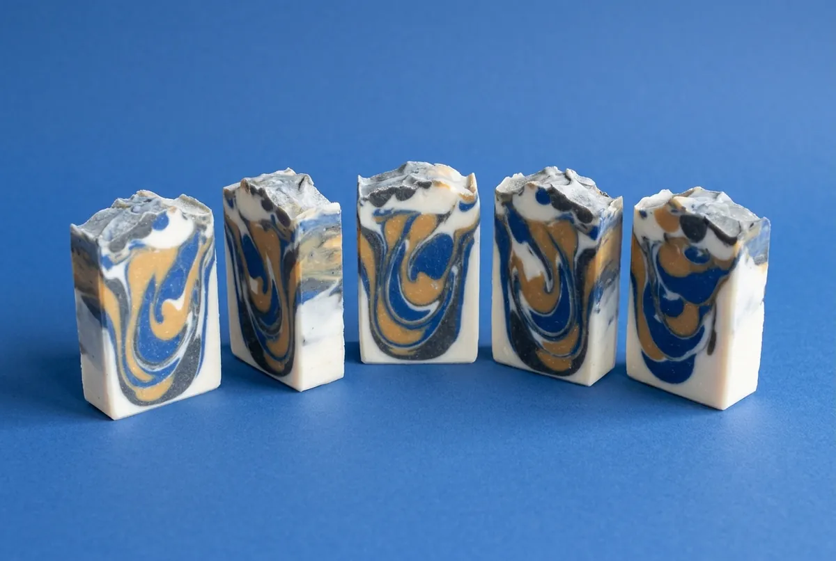 Cut bars of swirled cold-process soap in blue, gold and white, the swirl patterns showing on their faces, on a cobalt blue backdrop