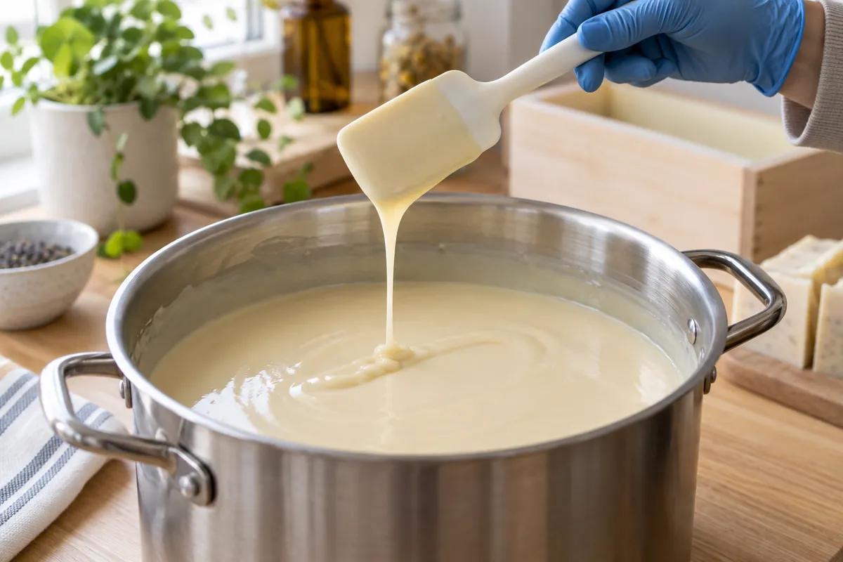 A spatula drips pale soap batter onto the surface of a bowl of batter at light trace