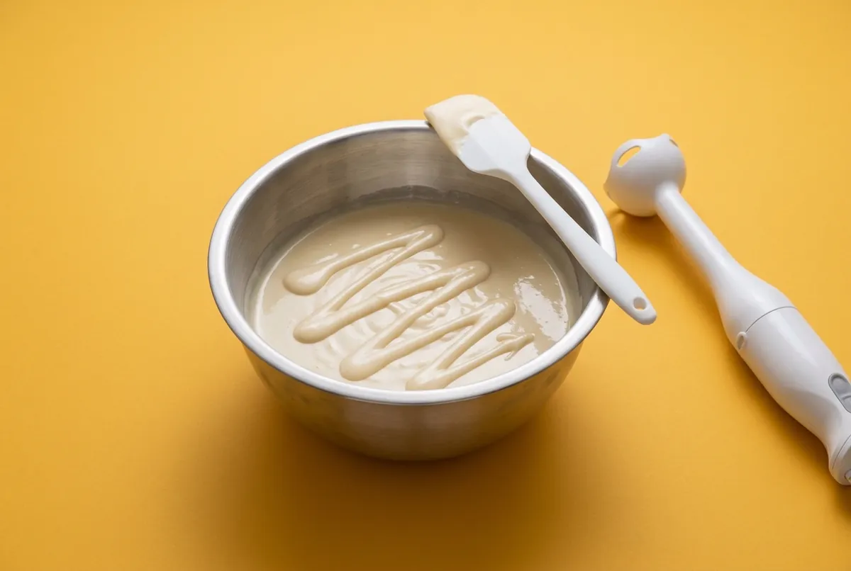 A steel bowl of pale cream soap batter with a raised ribbon of batter drizzled across the surface, a spatula and a stick blender beside it, on a golden yellow backdrop