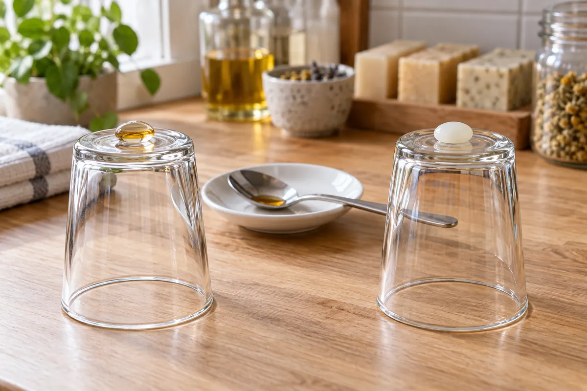 An upturned drinking glass with a hardened, glass-clear drop of amber soap on its base, beside another carrying a milky white drop