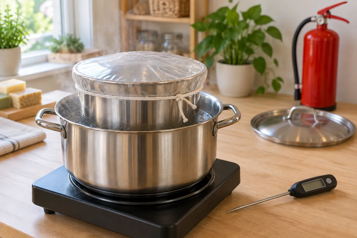 A stainless steel soap pot sealed with two layers of clear plastic tied round the rim, sitting in a larger pot of steaming water on an electric hotplate