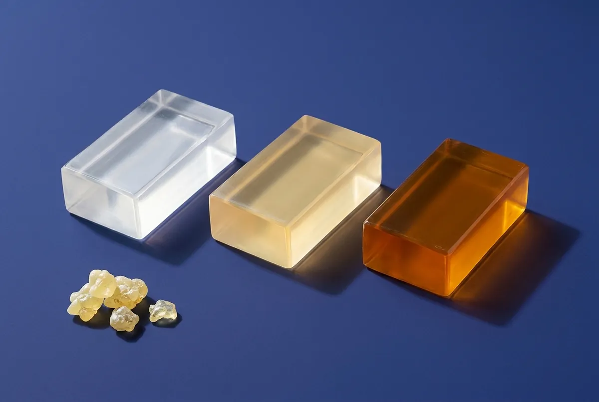 Three transparent soap bars, one clear, one pale gold and one deep amber, beside a few lumps of pine rosin on an indigo backdrop