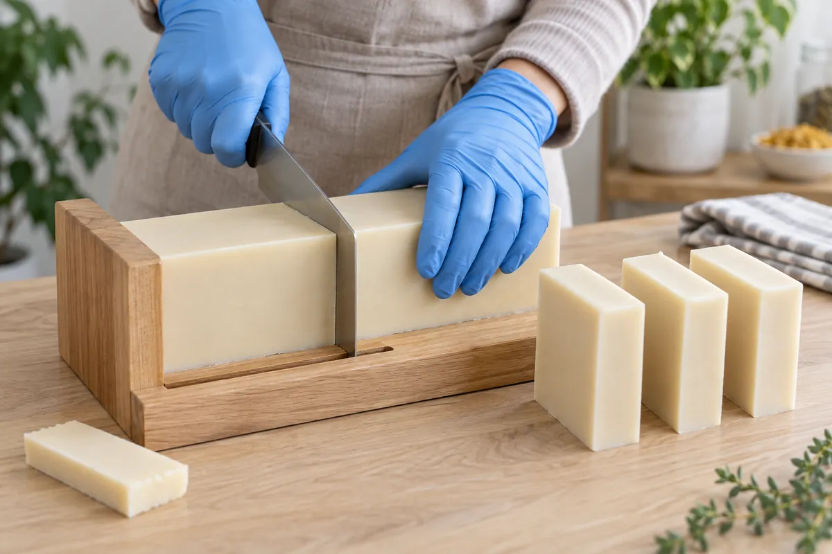 Gloved hands press a long knife down through a loaf of soap held in a wooden cutting guide