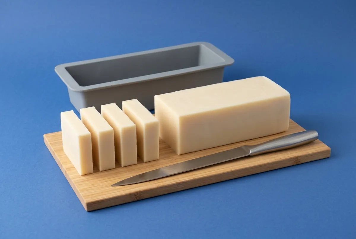 A pale loaf of handmade soap on a wooden board with four bars cut from one end, a long straight knife and an empty silicone mould, on a blue backdrop