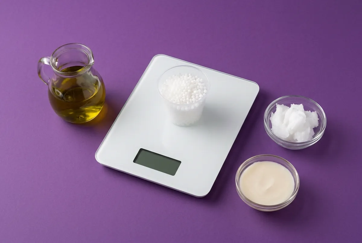 A digital scale holding a cup of white lye beads beside a jug of olive oil and dishes of coconut and palm oil, on a purple backdrop