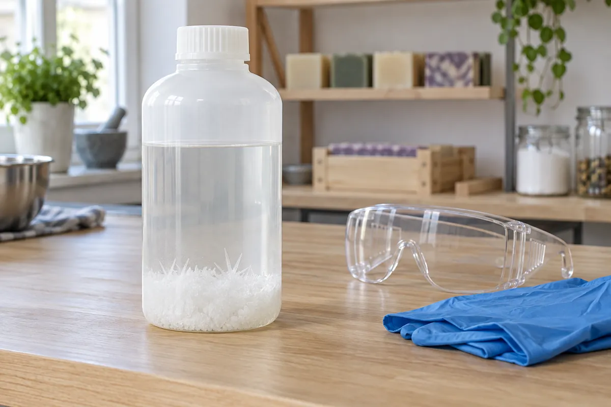 A translucent plastic bottle of lye solution with a layer of white crystals settled on the bottom