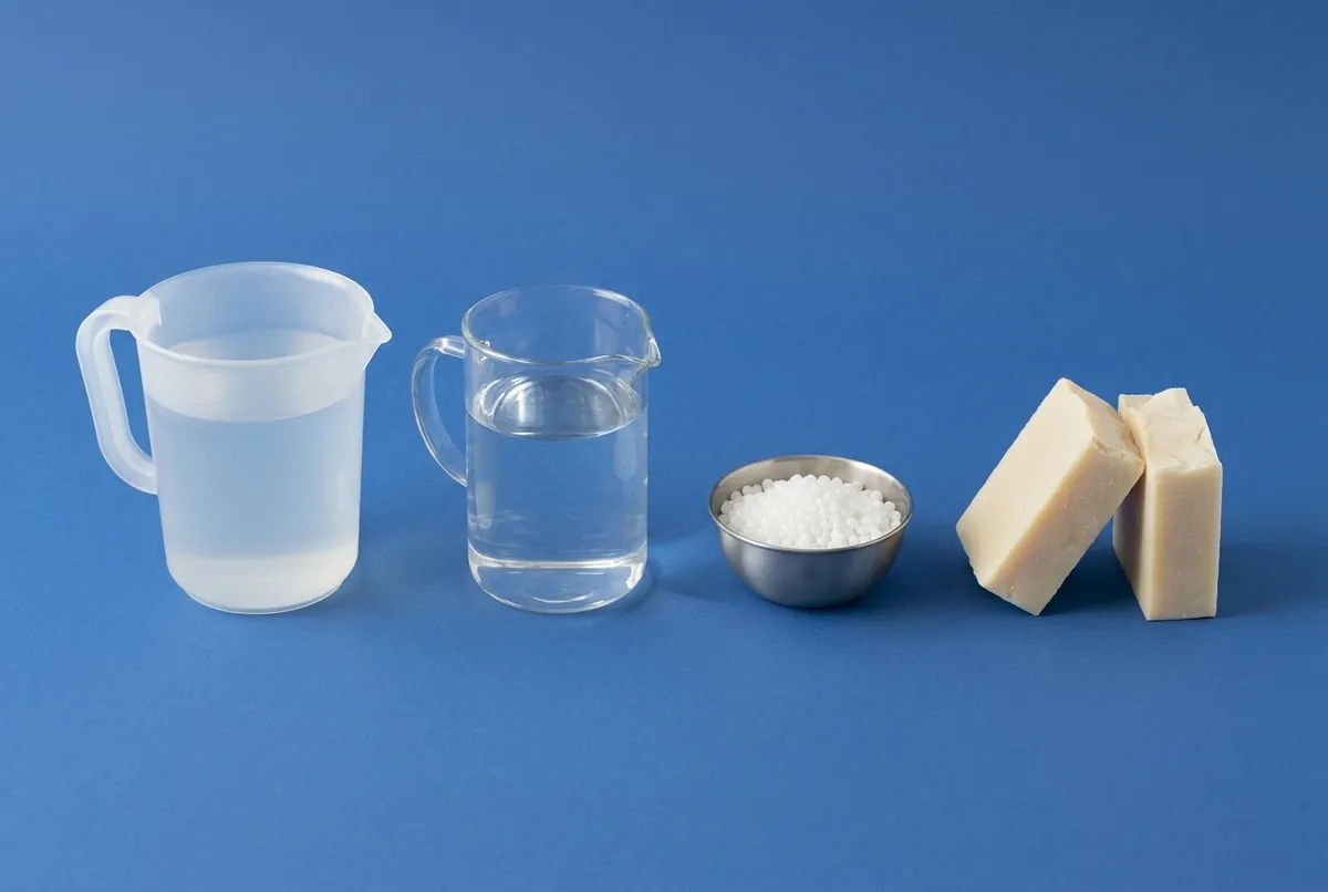 A translucent plastic jug of clear lye solution, a glass jug of distilled water, a bowl of white sodium hydroxide beads and two cut soap bars on a cobalt blue backdrop